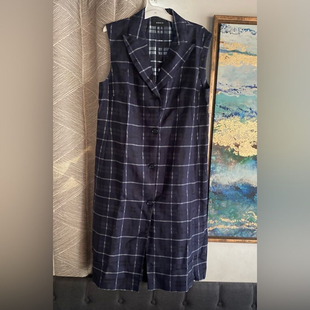 Akris Blue & White  Plaid  Shift Dress Size 10 Collared Zip Zipper Legs Button